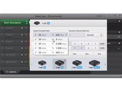Screenshot des Saleae USB-Logikanalyzers 8 Kanäle 25 MHz