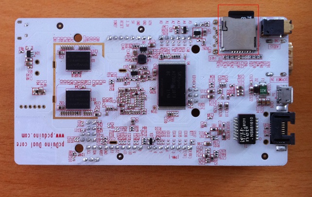The pcDuino3 has a very handy slot for SD card