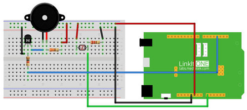 Example of a circuit created using the SideKick Basic Kit for LinkIt ONE – Lesson 8: Light Sensor