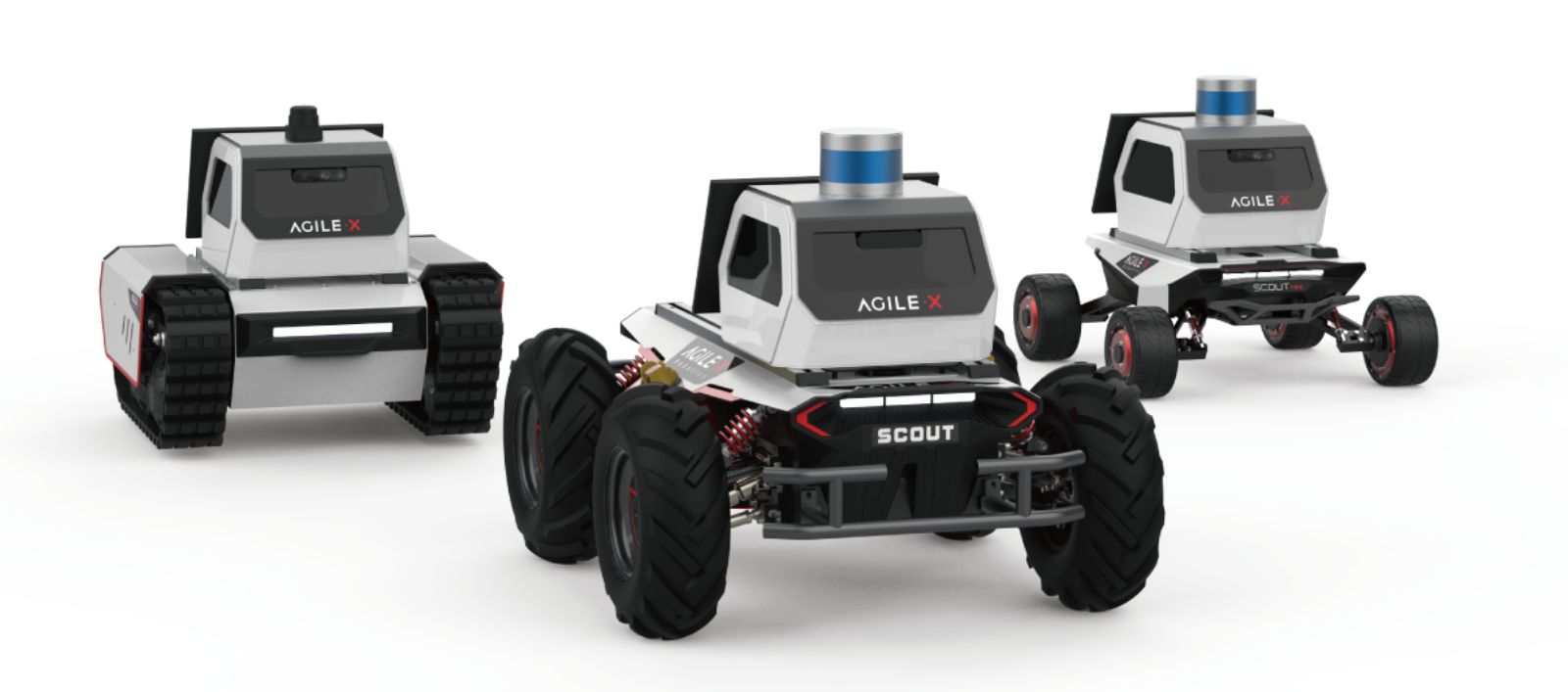Robots Scout, Hunter et Bunker équipés du ROS2 Edu Kit de Agilex