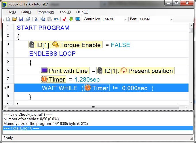 Final code for Dynamixel actuator with error checking in RoboPlus Task