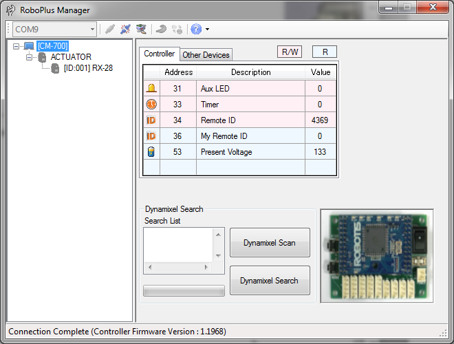 RoboPlus Manager detects which controller and Dynamixel actuators are connected