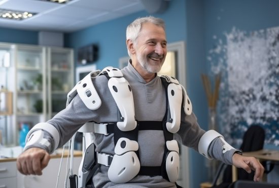 Elderly person equipped with an exoskeleton
