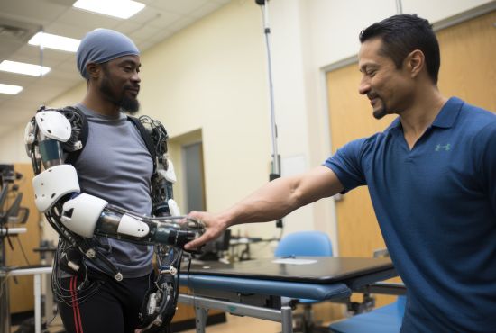 Personne à mobilité réduite équipée d'une prothèse robotique