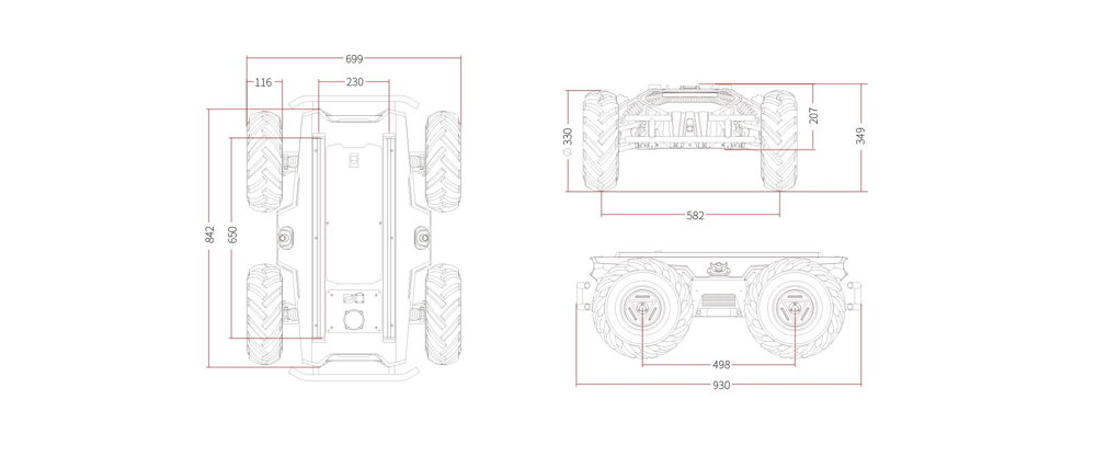 Abmessungen des mobilen AgileX Scout 2.0 UGV-Roboters