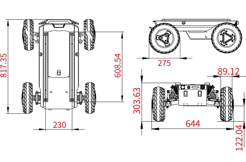 Technical diagram and dimensions of the Hunter SE mobile robot