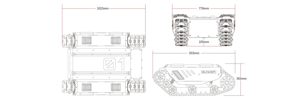 Vues techniques - Robot mobile Bunker - Agilex